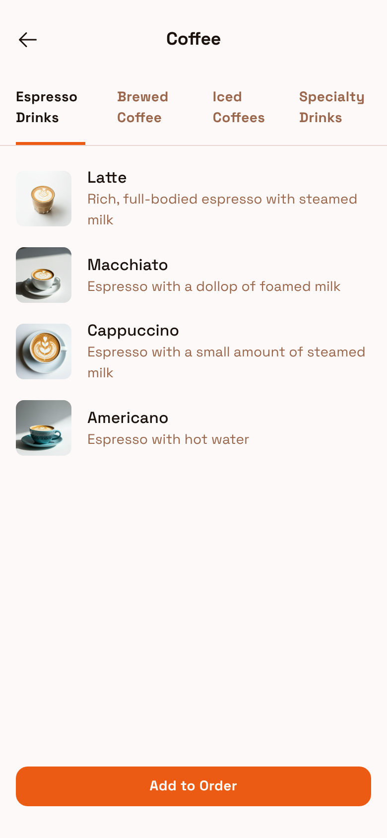 The Alley Coffee App - Drinks Menu